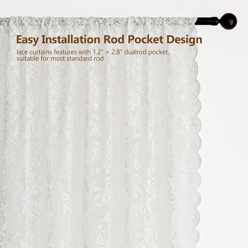 Beige Lace Rustic Victorian Floral Semi Sheer Light Filtering Curtains 84 Inch Long 2 Panel Set with Rod Pocket for Living Room Bedroom Dining Room 52x84 in Saudi Arabia