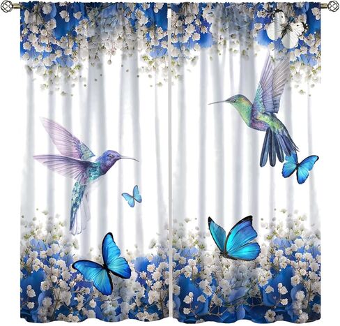 Hummingbird Flower Watercolor Spring Garden Theme Blue Flowers Butterfly Hummingbird Pattern Printed Curtains for Bedroom and Living Room - W42 * L45 Inches in Kuwait