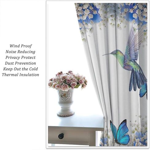 Hummingbird Flower Watercolor Spring Garden Theme Blue Flowers Butterfly Hummingbird Pattern Printed Curtains for Bedroom and Living Room - W42 * L45 Inches in Kuwait