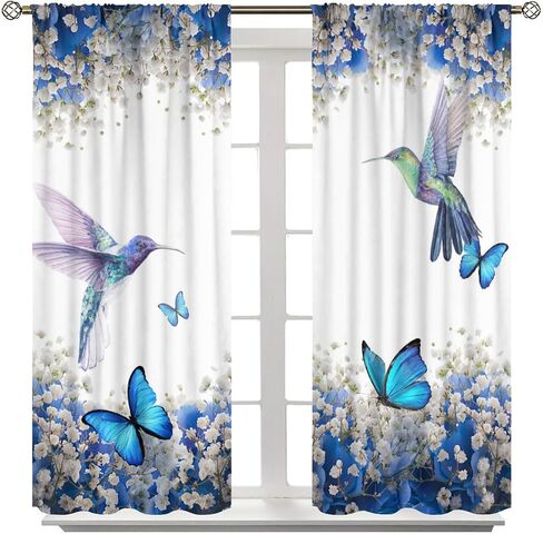 Hummingbird Flower Watercolor Spring Garden Theme Blue Flowers Butterfly Hummingbird Pattern Printed Curtains for Bedroom and Living Room - W42 * L45 Inches in Kuwait