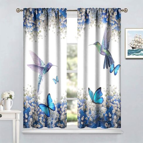 Hummingbird Flower Watercolor Spring Garden Theme Blue Flowers Butterfly Hummingbird Pattern Printed Curtains for Bedroom and Living Room - W42 * L45 Inches in Kuwait