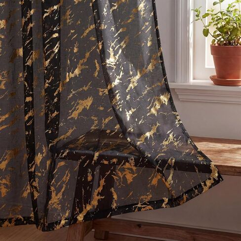Horaldaily Marble Beige Sheer Curtains 84 inches Long, Rod Pocket Gold Foil Print Metallic, Light Filtering Semi Sheer Drapes for Bedroom Living Room, 52" W x 84" L, Set of 2 Curtain Panels in Saudi Arabia
