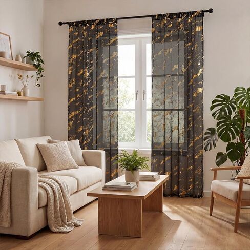 Horaldaily Marble Beige Sheer Curtains 84 inches Long, Rod Pocket Gold Foil Print Metallic, Light Filtering Semi Sheer Drapes for Bedroom Living Room, 52" W x 84" L, Set of 2 Curtain Panels in Saudi Arabia