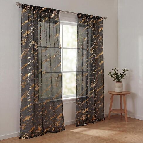Horaldaily Marble Beige Sheer Curtains 84 inches Long, Rod Pocket Gold Foil Print Metallic, Light Filtering Semi Sheer Drapes for Bedroom Living Room, 52" W x 84" L, Set of 2 Curtain Panels in Saudi Arabia