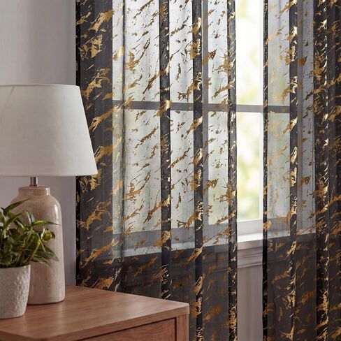 Horaldaily Marble Beige Sheer Curtains 84 inches Long, Rod Pocket Gold Foil Print Metallic, Light Filtering Semi Sheer Drapes for Bedroom Living Room, 52" W x 84" L, Set of 2 Curtain Panels in Saudi Arabia
