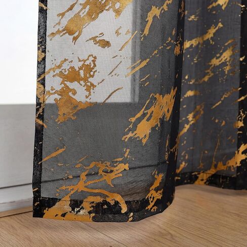 Horaldaily Marble Beige Sheer Curtains 84 inches Long, Rod Pocket Gold Foil Print Metallic, Light Filtering Semi Sheer Drapes for Bedroom Living Room, 52" W x 84" L, Set of 2 Curtain Panels in Saudi Arabia