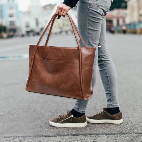 حقيبة كبيرة للنساء تعمل بسحاب سعة 16 لتر من الجلد النباتي ومحافظ سفر وحقائب يد للسيدات باللون البني الداكن in Kuwait