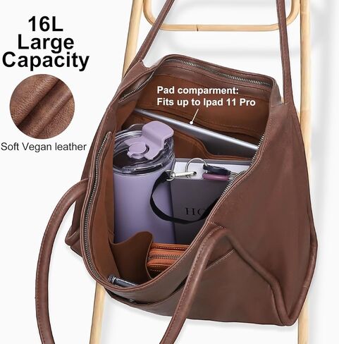 حقيبة كبيرة للنساء تعمل بسحاب سعة 16 لتر من الجلد النباتي ومحافظ سفر وحقائب يد للسيدات باللون البني الداكن in Kuwait