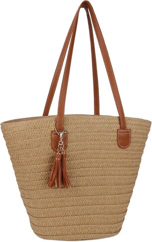 Straw Beach Bags for Women Summer Beach Tote Bag Woven Shoulder Handbag Purse with Tassel (Brown-Style-1) in Kuwait