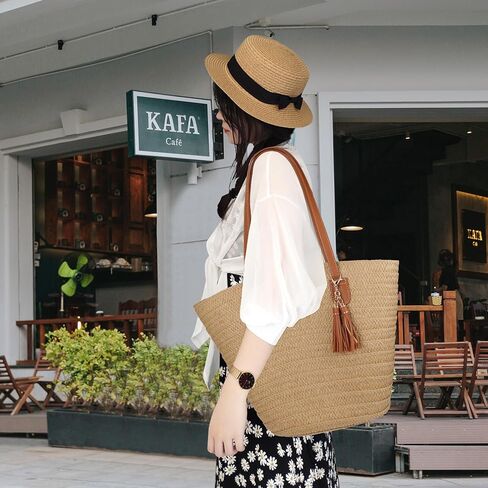 Straw Beach Bags for Women Summer Beach Tote Bag Woven Shoulder Handbag Purse with Tassel (Brown-Style-1) in Kuwait
