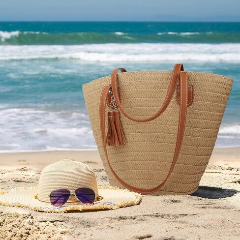 Straw Beach Bags for Women Summer Beach Tote Bag Woven Shoulder Handbag Purse with Tassel (Brown-Style-1) in Kuwait
