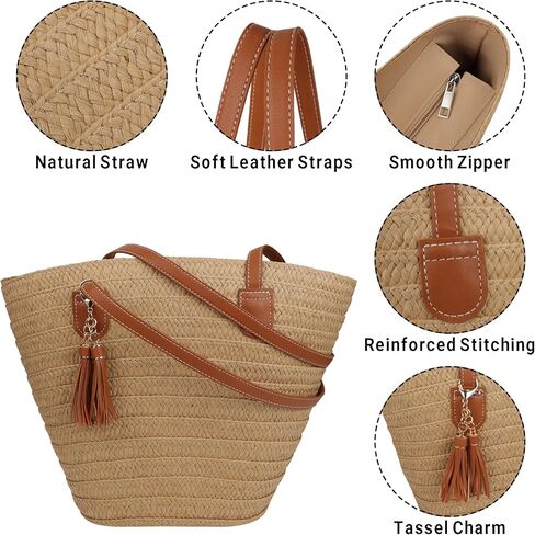 Straw Beach Bags for Women Summer Beach Tote Bag Woven Shoulder Handbag Purse with Tassel (Brown-Style-1) in Kuwait