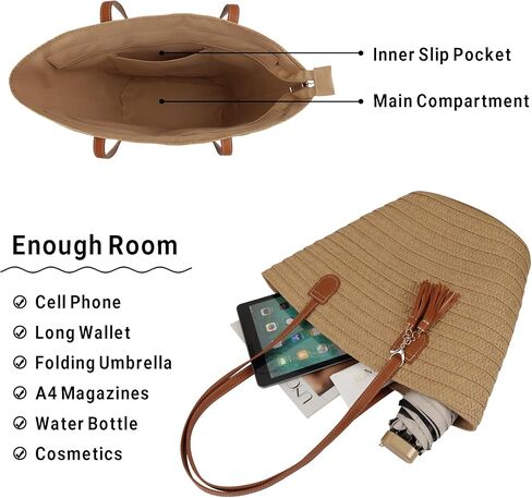 Straw Beach Bags for Women Summer Beach Tote Bag Woven Shoulder Handbag Purse with Tassel (Brown-Style-1) in Kuwait