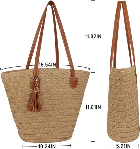 Straw Beach Bags for Women Summer Beach Tote Bag Woven Shoulder Handbag Purse with Tassel (Brown-Style-1) in Kuwait