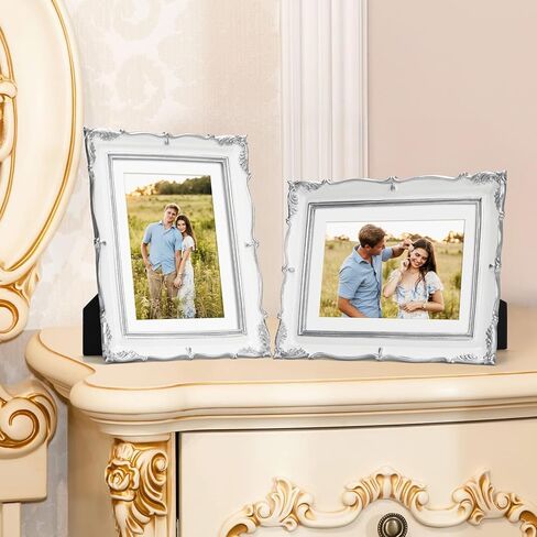 إطار صورة عتيق فضي أبيض مقاس 5 × 7، إطار بوليستون 5 × 7 مع حصيرة للصور مقاس 4 × 6، إطار صورة قديم لسطح المكتب أو الحائط، أفقي أو رأسي in Kuwait