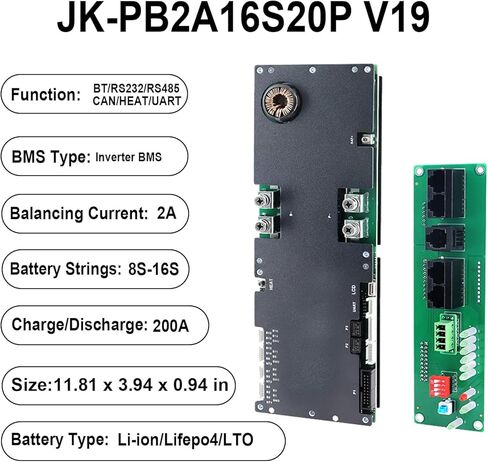 JKBMS العاكس BMS 8S-16S 24V-48V 200A - V19 BMS لتخزين الطاقة المنزلية مع منفذ UART، توازن نشط 2A، بلوتوث مدمج، RS485 وCAN، للنظام الشمسي (JK-PB2A16S20P V19) in Kuwait