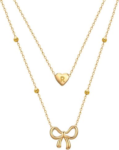 KSF Layered Initial Necklaces for Women Trendy, Bow Necklace 14K Dainty Gold Necklace Cute Small Tiny A-Z Pendant Choker Necklace for Women Gold Jewelry Gift in Kuwait