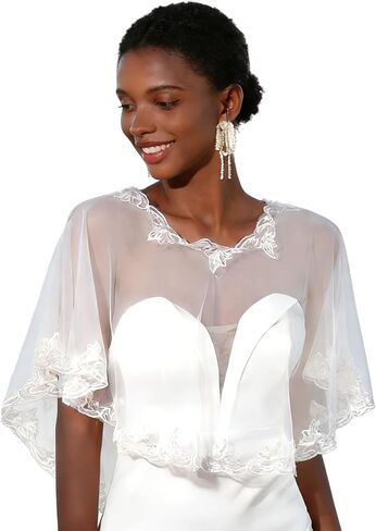 Lace Shawl Wrap Shrug Wedding White Flower Sequin Cape Elegant Tulle Sheer Bridal Scarf Capelets Lace Dress Cover up Evening for Brides Women in Kuwait