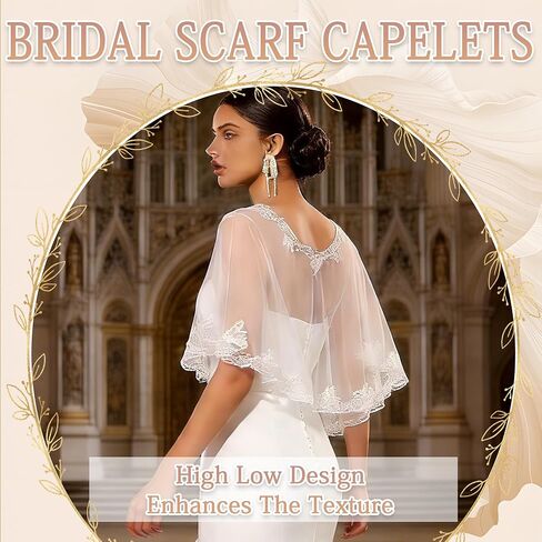 Lace Shawl Wrap Shrug Wedding White Flower Sequin Cape Elegant Tulle Sheer Bridal Scarf Capelets Lace Dress Cover up Evening for Brides Women in Kuwait