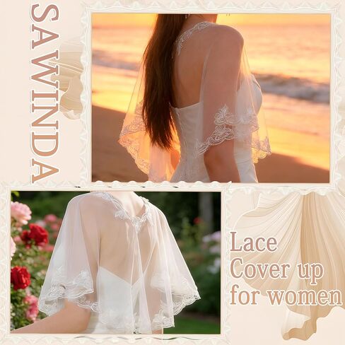 Lace Shawl Wrap Shrug Wedding White Flower Sequin Cape Elegant Tulle Sheer Bridal Scarf Capelets Lace Dress Cover up Evening for Brides Women in Kuwait