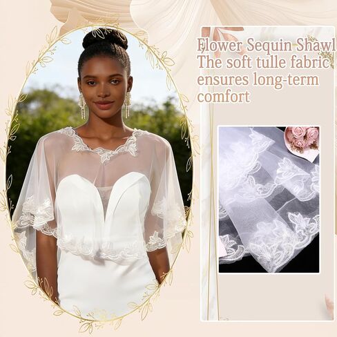 Lace Shawl Wrap Shrug Wedding White Flower Sequin Cape Elegant Tulle Sheer Bridal Scarf Capelets Lace Dress Cover up Evening for Brides Women in Kuwait