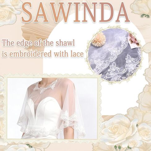 Lace Shawl Wrap Shrug Wedding White Flower Sequin Cape Elegant Tulle Sheer Bridal Scarf Capelets Lace Dress Cover up Evening for Brides Women in Kuwait