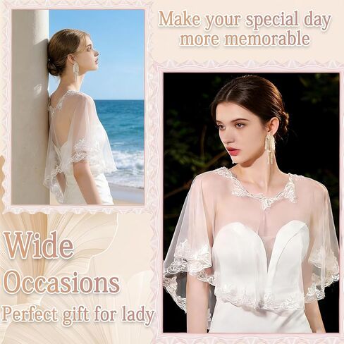 Lace Shawl Wrap Shrug Wedding White Flower Sequin Cape Elegant Tulle Sheer Bridal Scarf Capelets Lace Dress Cover up Evening for Brides Women in Kuwait