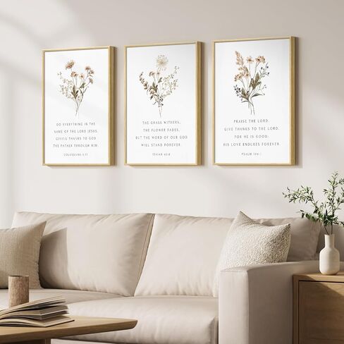 Framed Christian Scripture Wall Art Set of 3, Wildflower Floral Bible Verse Prints Inspirational Religious Quotes, Botanical Scripture Artwork Decor for Living Room Bedroom Prayer Room Teen Room, 12x16 Inch in Kuwait