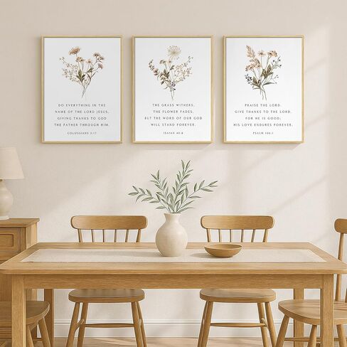 Framed Christian Scripture Wall Art Set of 3, Wildflower Floral Bible Verse Prints Inspirational Religious Quotes, Botanical Scripture Artwork Decor for Living Room Bedroom Prayer Room Teen Room, 12x16 Inch in Kuwait