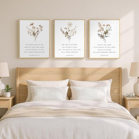 Framed Christian Scripture Wall Art Set of 3, Wildflower Floral Bible Verse Prints Inspirational Religious Quotes, Botanical Scripture Artwork Decor for Living Room Bedroom Prayer Room Teen Room, 12x16 Inch in Kuwait