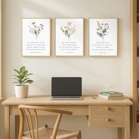 Framed Christian Scripture Wall Art Set of 3, Wildflower Floral Bible Verse Prints Inspirational Religious Quotes, Botanical Scripture Artwork Decor for Living Room Bedroom Prayer Room Teen Room, 12x16 Inch in Kuwait