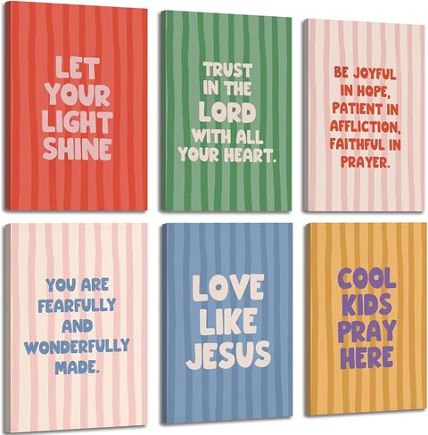6Pcs Children's Bible Verse Wall Art Cute Colorful Kids Striped Posters Prints Pictures Christian Inspirational Quotes Canvas Paintings Wall Decor for Boy Girl Bedroom Home Decoration 8x10in Unframed in Saudi Arabia