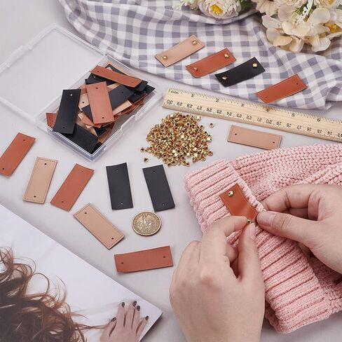 FINGERINSPIRE 60 Sets PU Leather Label Handmade Tag with Rivets 3 Colors 1.96x0.78inch Clothing Labels with Hole Rectangle Shape Blank Handmade Leather Tag for Sewing Clothing for DIY Decoration in Saudi Arabia