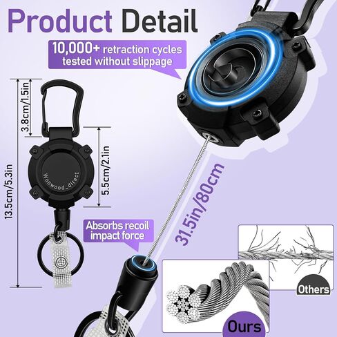سلسلة مفاتيح Wonwond_Direct قابلة للسحب مكونة من قطعتين من بكرة شارة شديدة التحمل، حامل شارة تعريف حلقة تسلق شديدة التحمل، حلقة مفاتيح قابلة للسحب، حامل مفاتيح قابل للتمديد مع سلك فولاذي 31.5 بوصة، 9oz in Kuwait