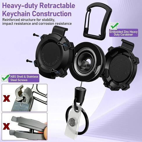 سلسلة مفاتيح Wonwond_Direct قابلة للسحب مكونة من قطعتين من بكرة شارة شديدة التحمل، حامل شارة تعريف حلقة تسلق شديدة التحمل، حلقة مفاتيح قابلة للسحب، حامل مفاتيح قابل للتمديد مع سلك فولاذي 31.5 بوصة، 9oz in Kuwait