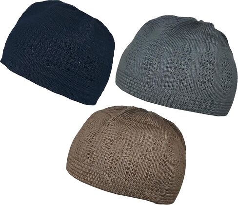 Al-Ameen Pack 3 Color Muslim Knit Cap Amn026 Kufi Topi Islam Hat Crochet Takke Skull Beanie in Kuwait