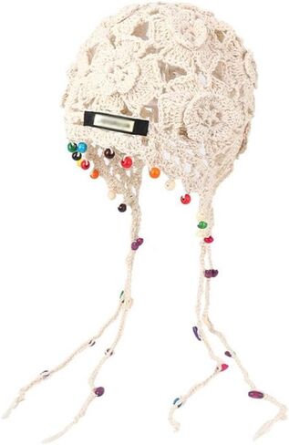 Hollow Tassels Knitted Hat Sweet Crochet Knit Cap Retro Handmade Ethnic Style Hat Apparel Accessories Beige in Saudi Arabia