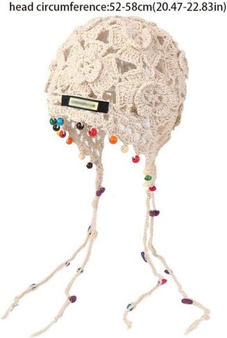 Hollow Tassels Knitted Hat Sweet Crochet Knit Cap Retro Handmade Ethnic Style Hat Apparel Accessories Beige in Saudi Arabia