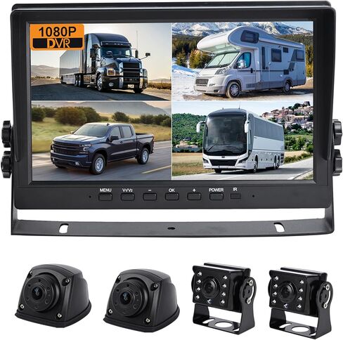 10" Car Backup Camera Monitor CCTV, DVR Recorder, RV Backup Camera System, 4 x AHD 1080P Rear View Camera, Waterproof IR Crystal Night Vision, Rriving Recorder for Truck Trailer Camper RV in Kuwait