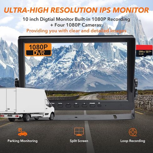 10" Car Backup Camera Monitor CCTV, DVR Recorder, RV Backup Camera System, 4 x AHD 1080P Rear View Camera, Waterproof IR Crystal Night Vision, Rriving Recorder for Truck Trailer Camper RV in Kuwait