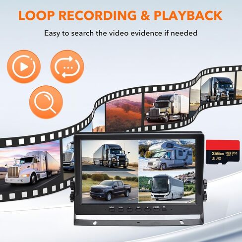 10" Car Backup Camera Monitor CCTV, DVR Recorder, RV Backup Camera System, 4 x AHD 1080P Rear View Camera, Waterproof IR Crystal Night Vision, Rriving Recorder for Truck Trailer Camper RV in Kuwait