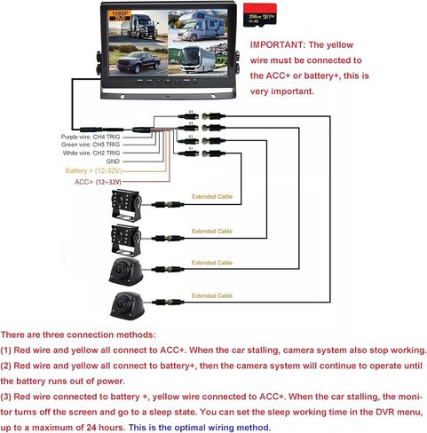 10" Car Backup Camera Monitor CCTV, DVR Recorder, RV Backup Camera System, 4 x AHD 1080P Rear View Camera, Waterproof IR Crystal Night Vision, Rriving Recorder for Truck Trailer Camper RV in Kuwait