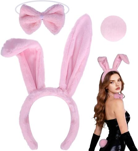 3PCS Bunny Ears Headband Set - Rabbit Costume Accessories with Bendable Hairband, Tail and Bow Tie Halloween & Easter in Saudi Arabia