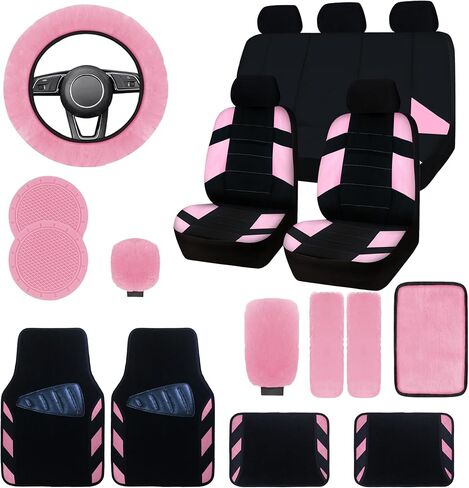 Car Seat Cover Full Set,Universal Breathable Car Seat Cove,Waterproof Floor Mats,Fit Sedans,Cars,Vans,SUV,Truck (Pink) in Kuwait