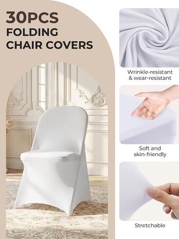 FOHERE Folding Chair Covers 30Pcs Stretch Spandex Chair Cover, Universal Fitted Slipcovers, Washable Chair Cover Protector for Wedding Party Banquet Holiday Celebration Decoration, White in Kuwait