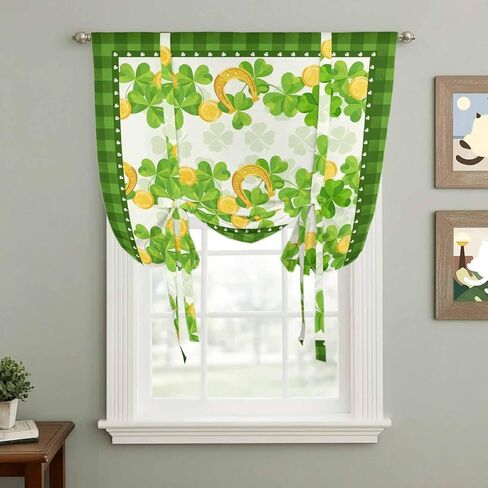 St. Patrick's Day Tie Up Curtains for Window, Spring Green Lucky Clovers Leaves Plaid Thermal Balloon Shade Adjustable Rod Pocket Curtains Valance Panels for Kitchen Bathroom Café 42'' x 54'' in Saudi Arabia