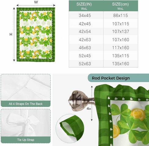 St. Patrick's Day Tie Up Curtains for Window, Spring Green Lucky Clovers Leaves Plaid Thermal Balloon Shade Adjustable Rod Pocket Curtains Valance Panels for Kitchen Bathroom Café 42'' x 54'' in Saudi Arabia