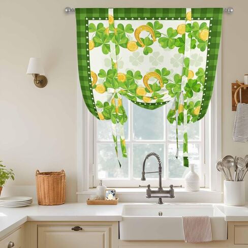 St. Patrick's Day Tie Up Curtains for Window, Spring Green Lucky Clovers Leaves Plaid Thermal Balloon Shade Adjustable Rod Pocket Curtains Valance Panels for Kitchen Bathroom Café 42'' x 54'' in Saudi Arabia