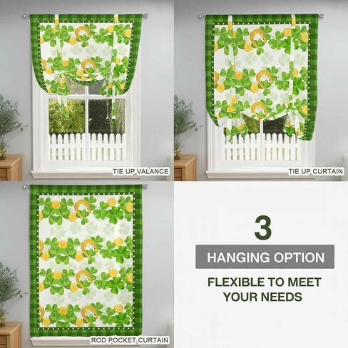 St. Patrick's Day Tie Up Curtains for Window, Spring Green Lucky Clovers Leaves Plaid Thermal Balloon Shade Adjustable Rod Pocket Curtains Valance Panels for Kitchen Bathroom Café 42'' x 54'' in Saudi Arabia