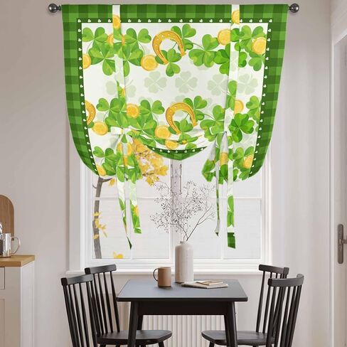 St. Patrick's Day Tie Up Curtains for Window, Spring Green Lucky Clovers Leaves Plaid Thermal Balloon Shade Adjustable Rod Pocket Curtains Valance Panels for Kitchen Bathroom Café 42'' x 54'' in Saudi Arabia